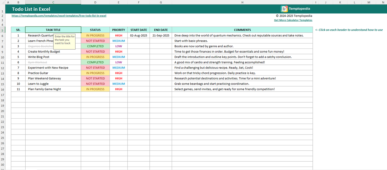 Free ToDo List in Excel